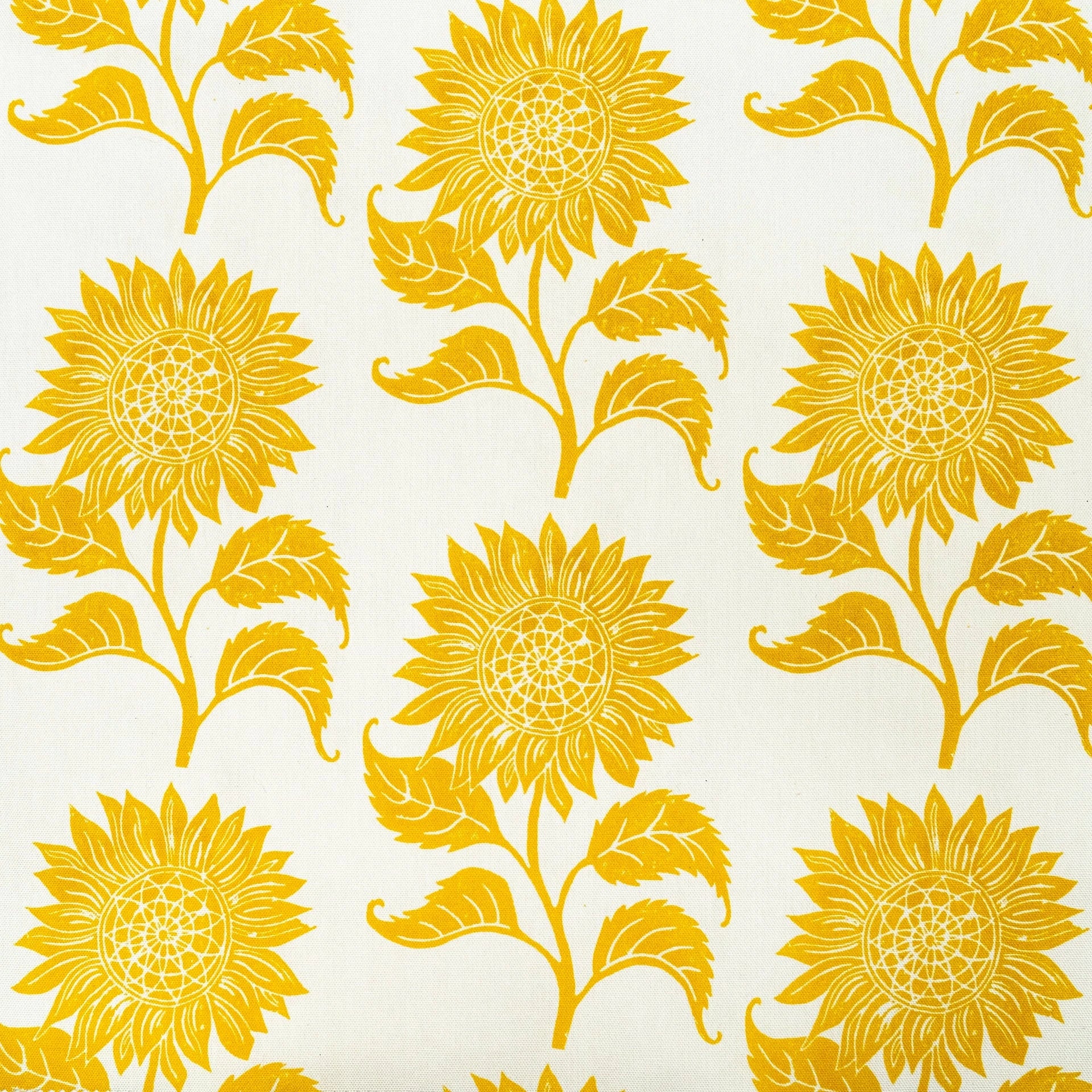 sunflower lino printed fabric designed by lizzie mabley