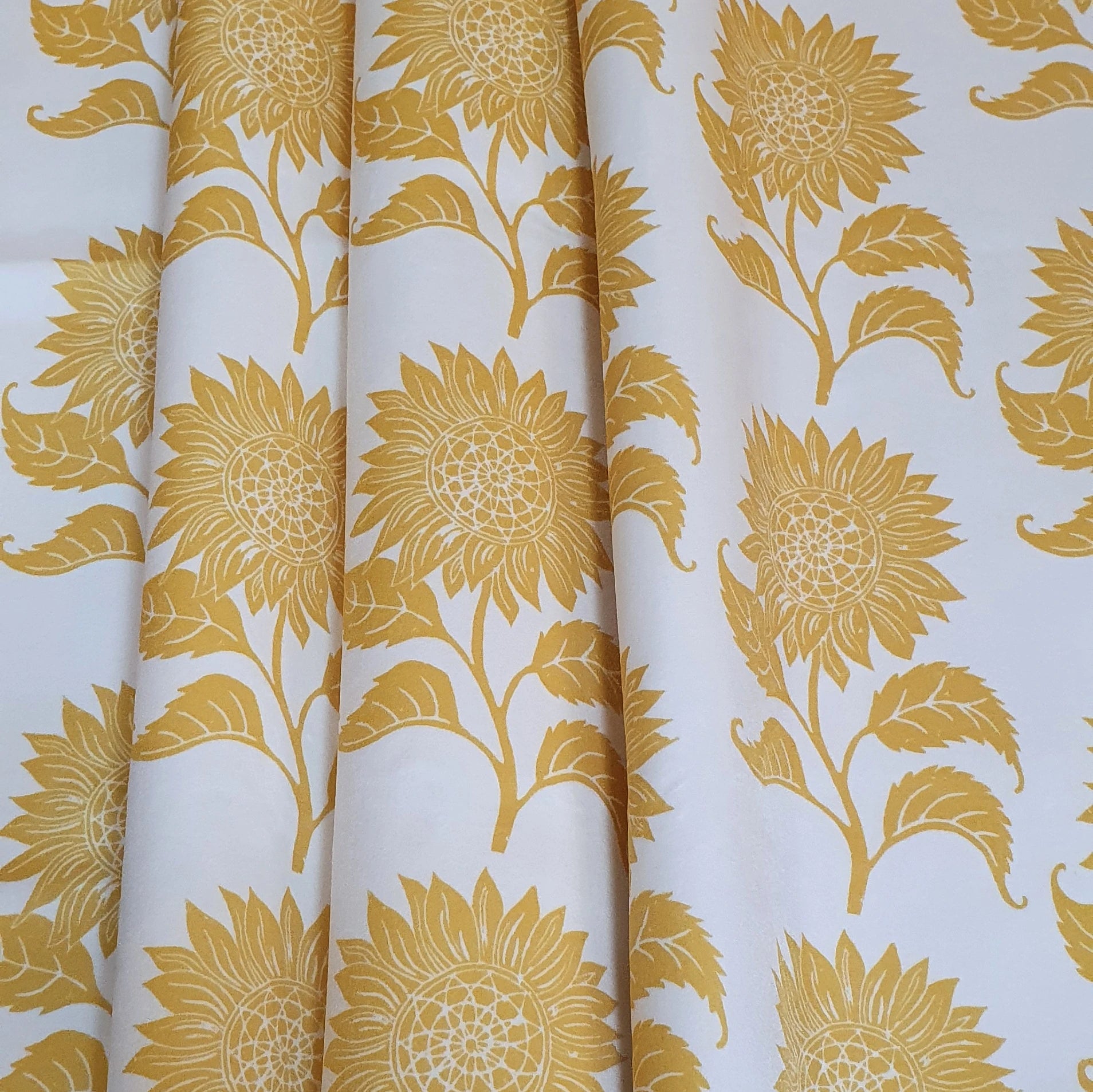 Sunflowers lino block printed fabric designed by lizzie mabley