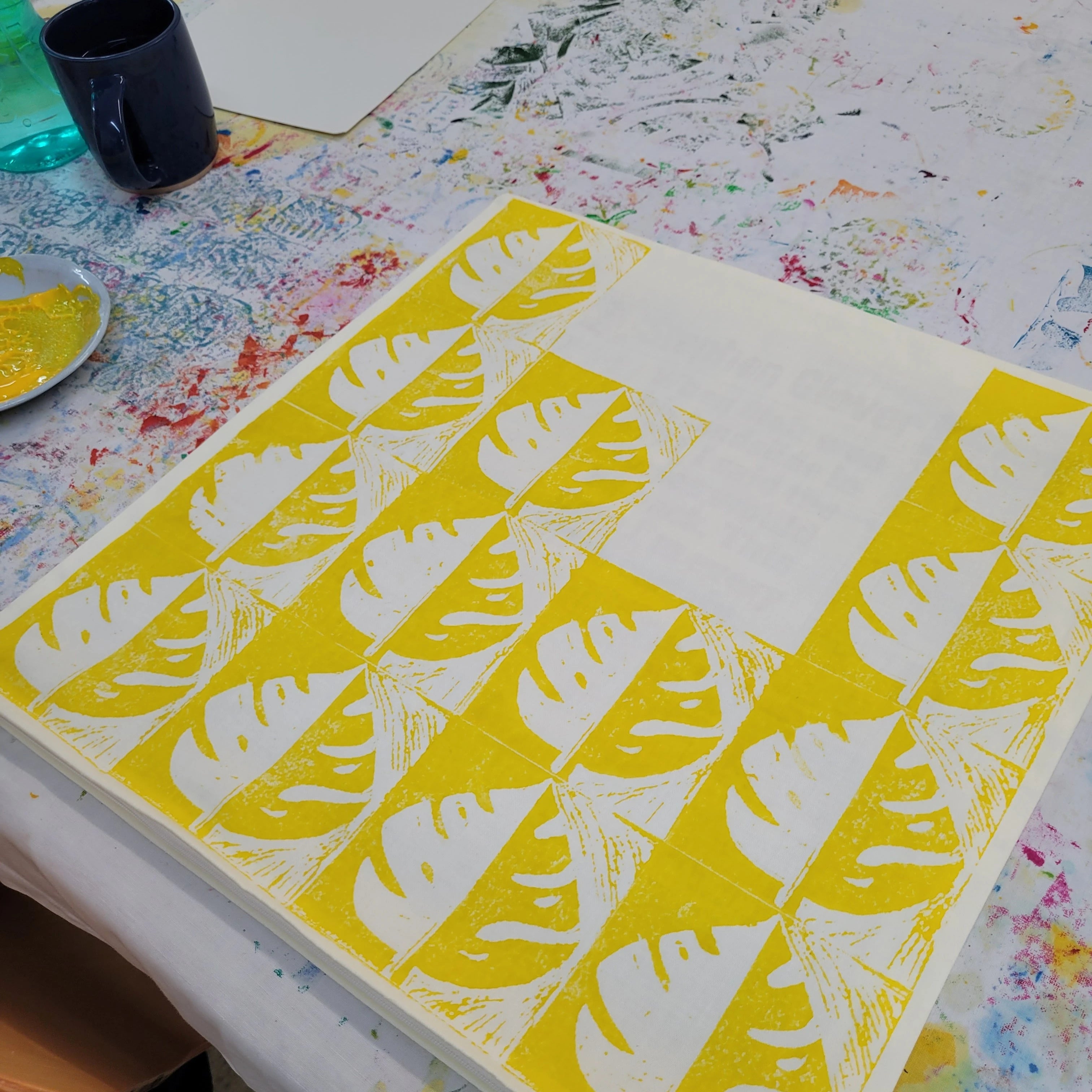 lino block printing in a studio setting