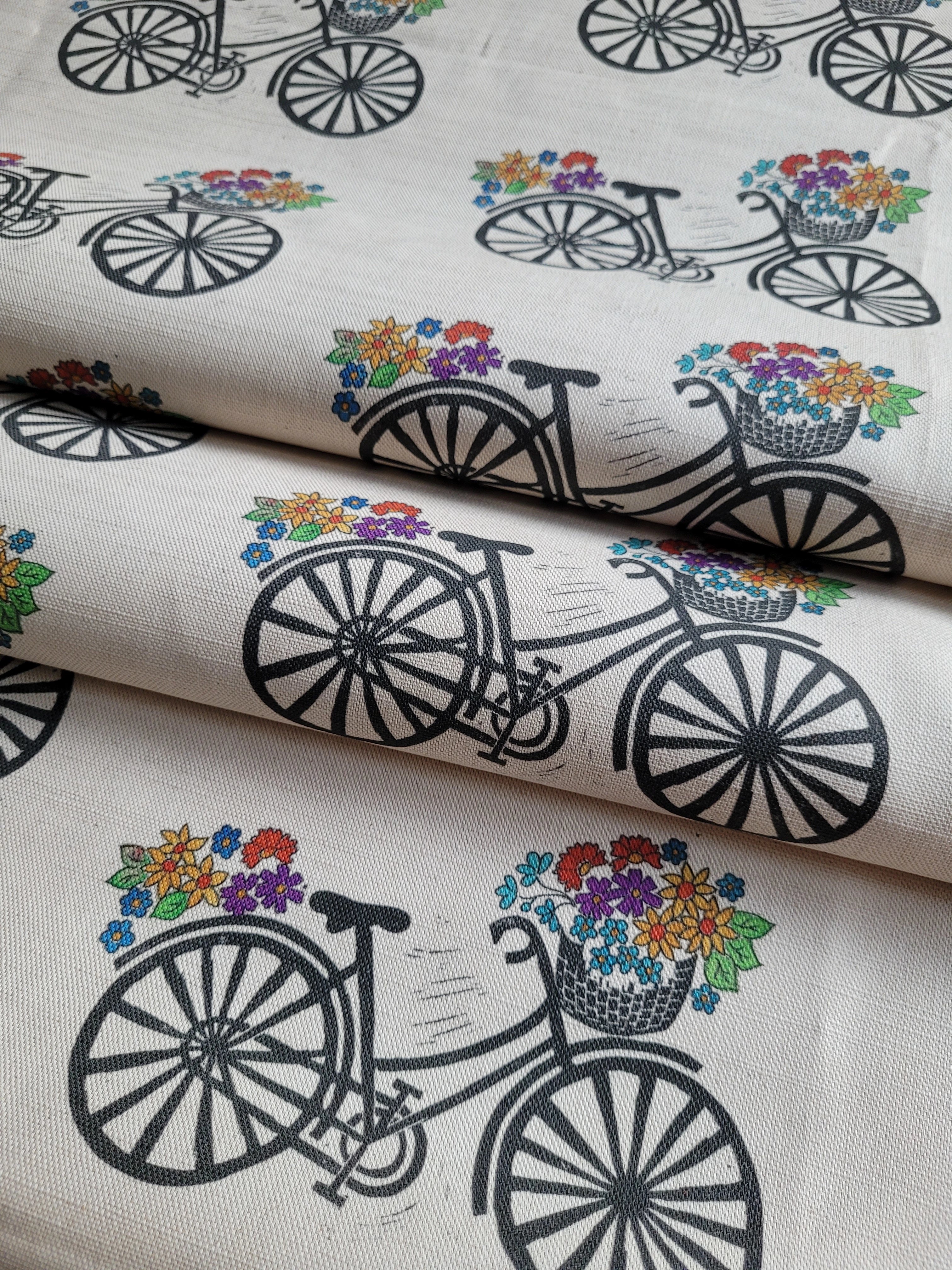 Vintage bicycle with flowers lino block printed fabric designed by lizzie mabley
