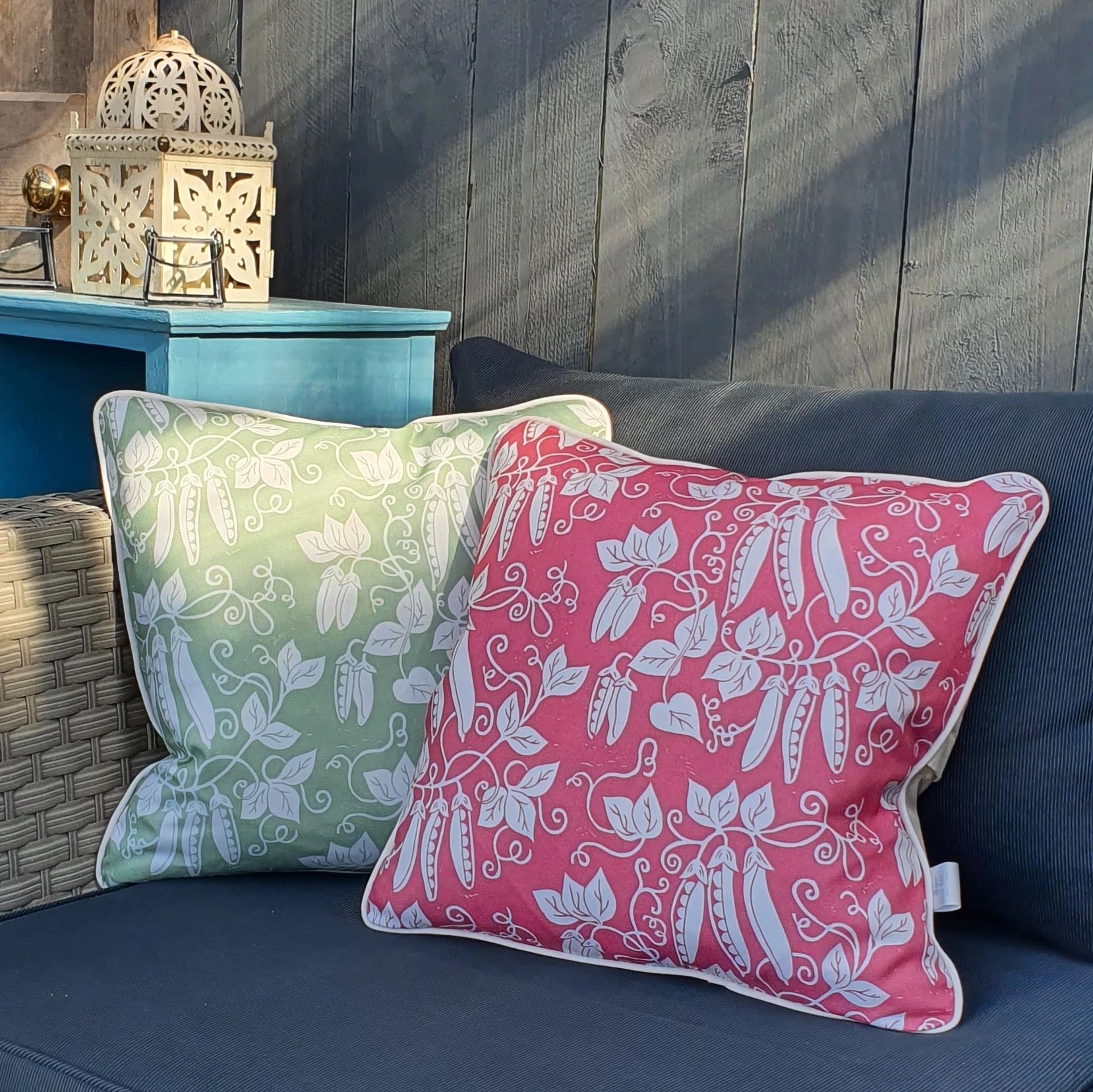 Peas lino block printed fabric cushions designed by lizzie mabley
