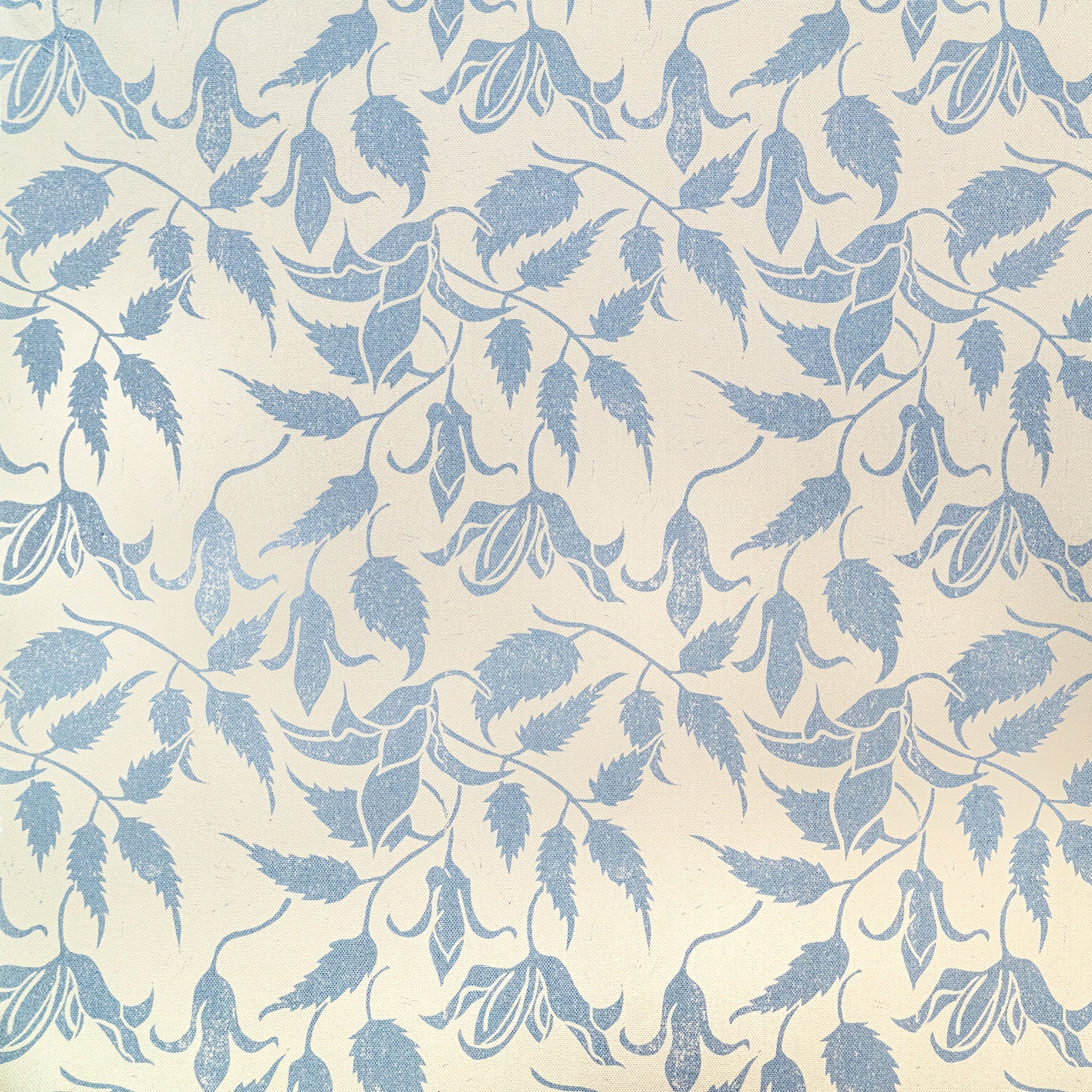 Blue on Cream Alpina lino block printed fabric designed by Lizzie Mabley