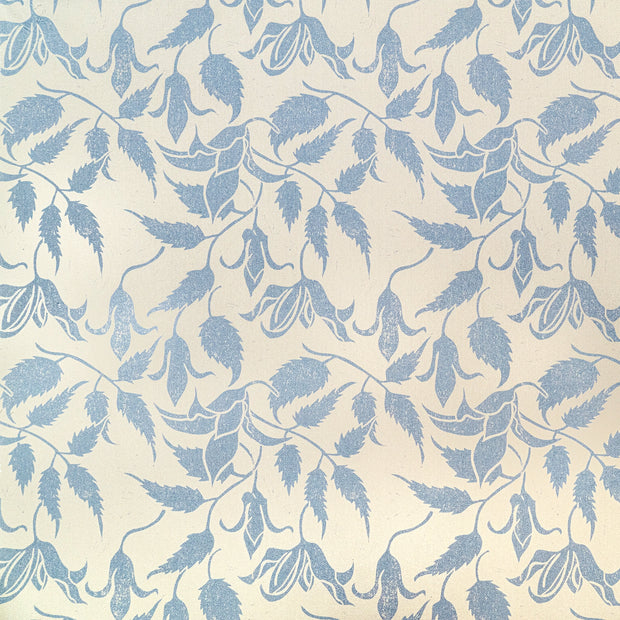 Blue on Cream Alpina lino block printed fabric designed by Lizzie Mabley