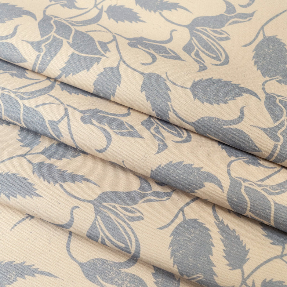 Blue on Cream Alpina lino block printed fabric designed by Lizzie Mabley