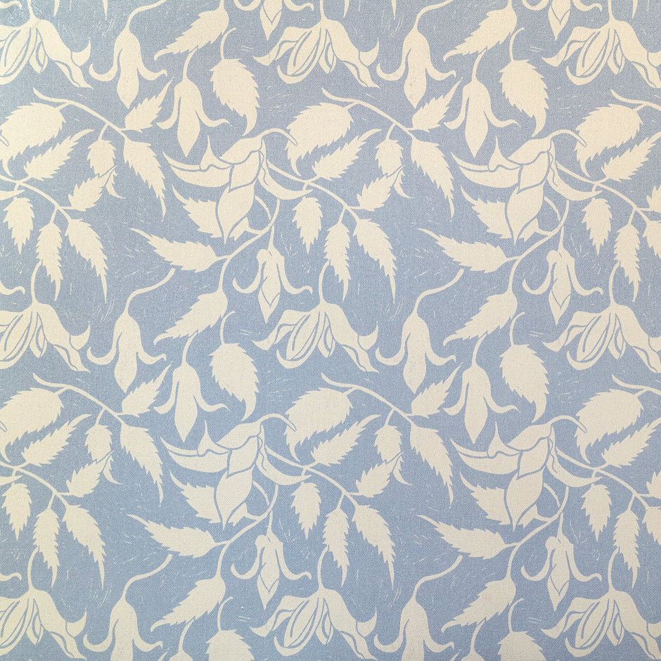 Cream on Blue Alpina lino block printed fabric designed by Lizzie Mabley