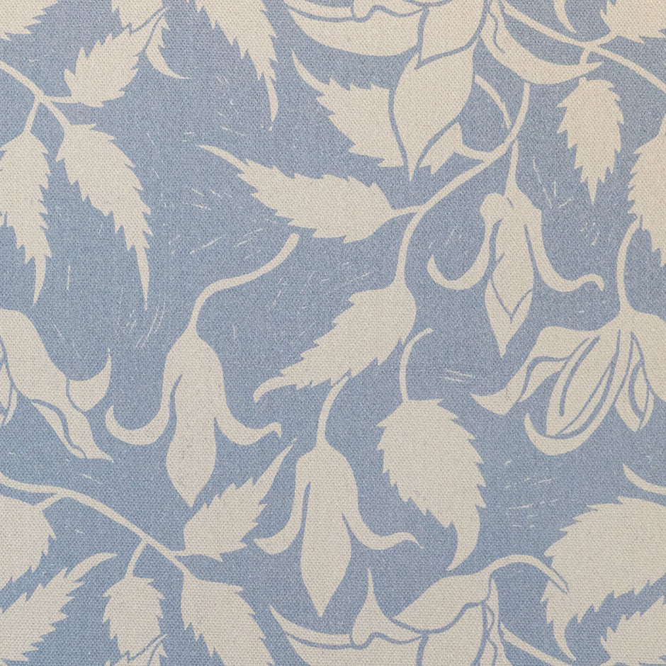 Cream on Blue Alpina lino block printed fabric designed by Lizzie Mabley