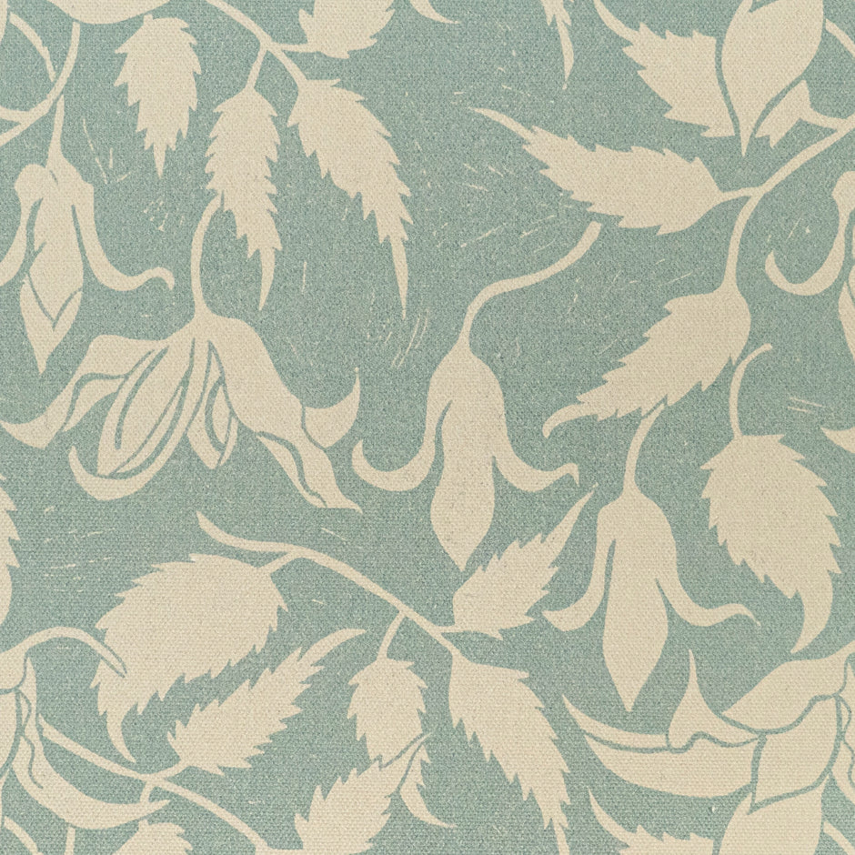 Green Alpina lino block printed fabric designed by Lizzie Mabley