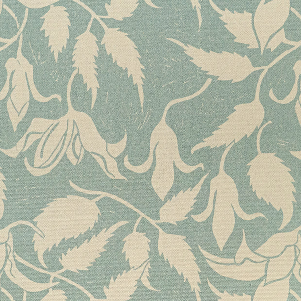 Green Alpina lino block printed fabric designed by Lizzie Mabley