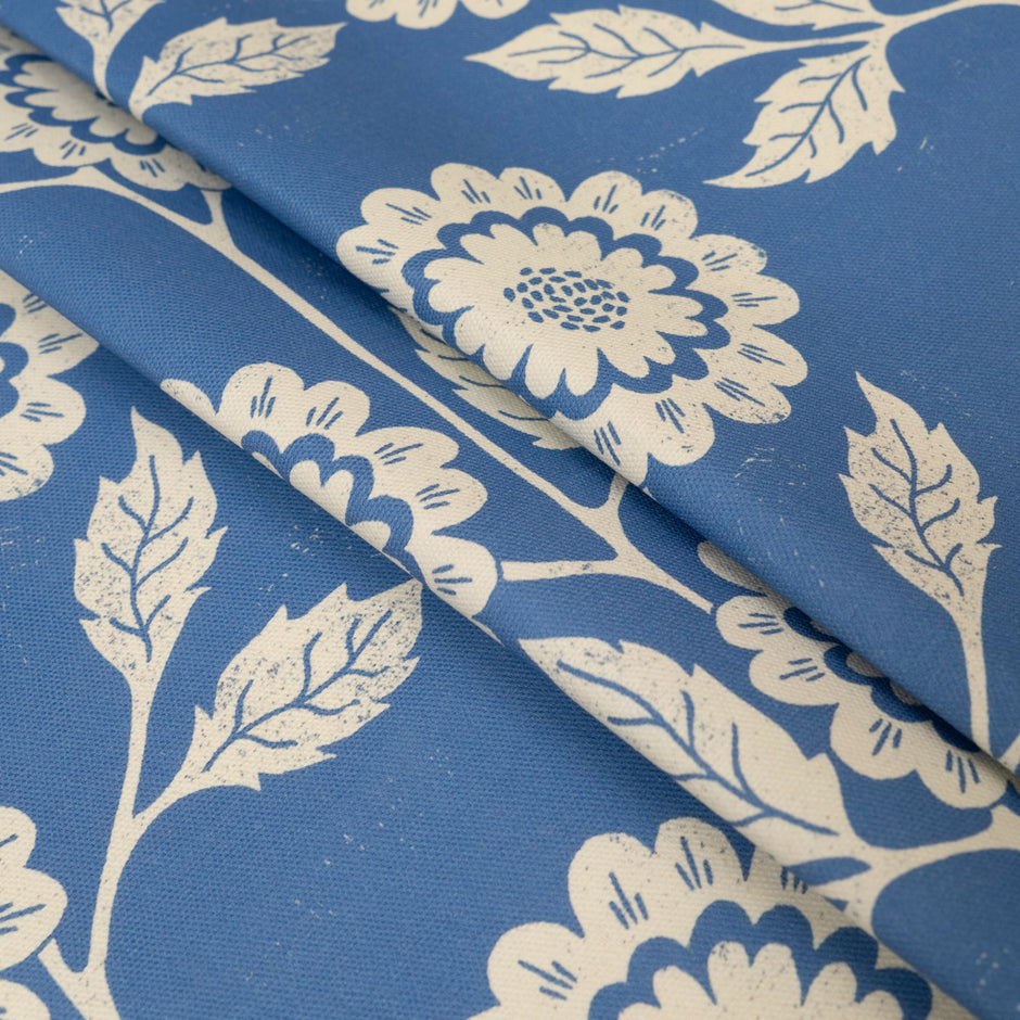 Blue Negative Cecilia lino block printed fabric designed by Lizzie Mabley