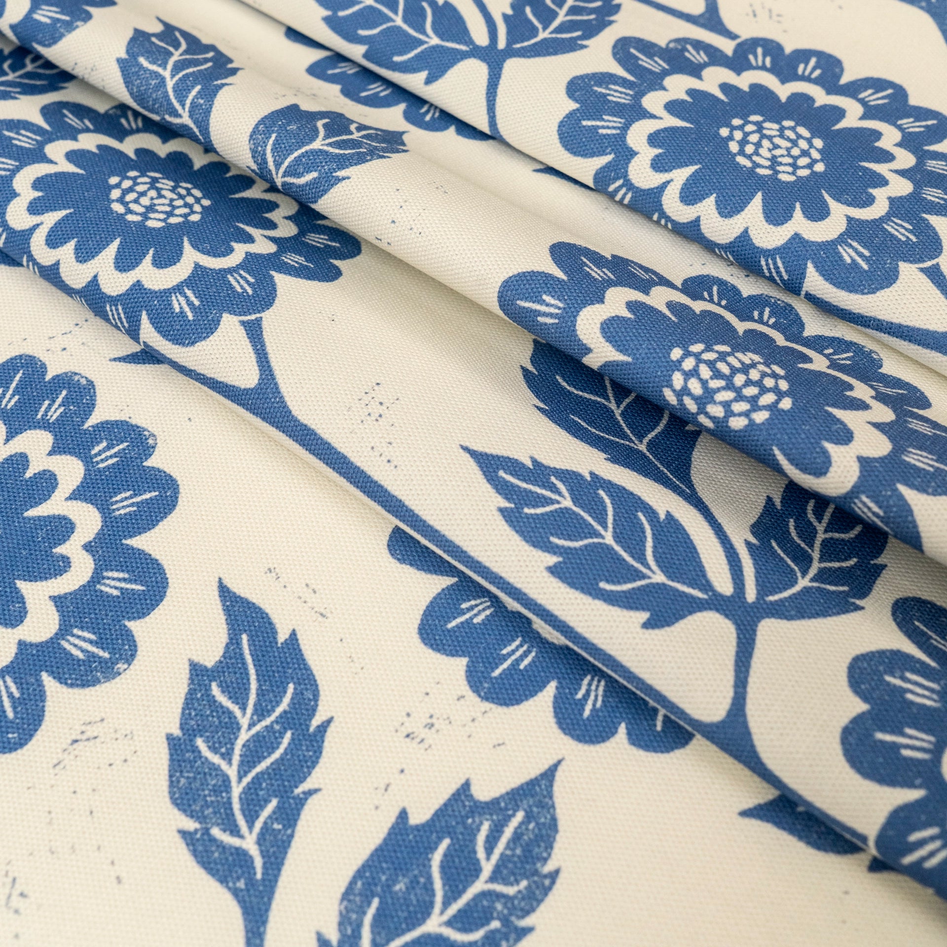 Blue Positive Cecilia lino block printed fabric designed by Lizzie Mabley