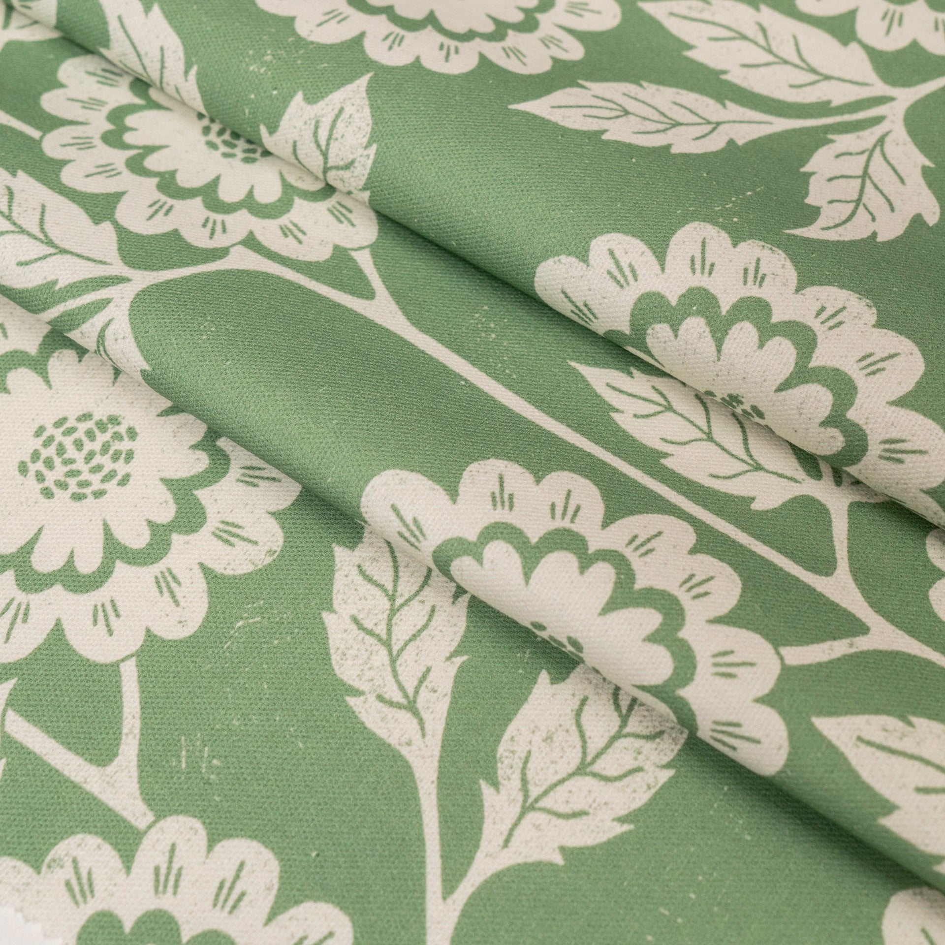 Green Negative Cecilia lino block printed fabric designed by Lizzie Mabley