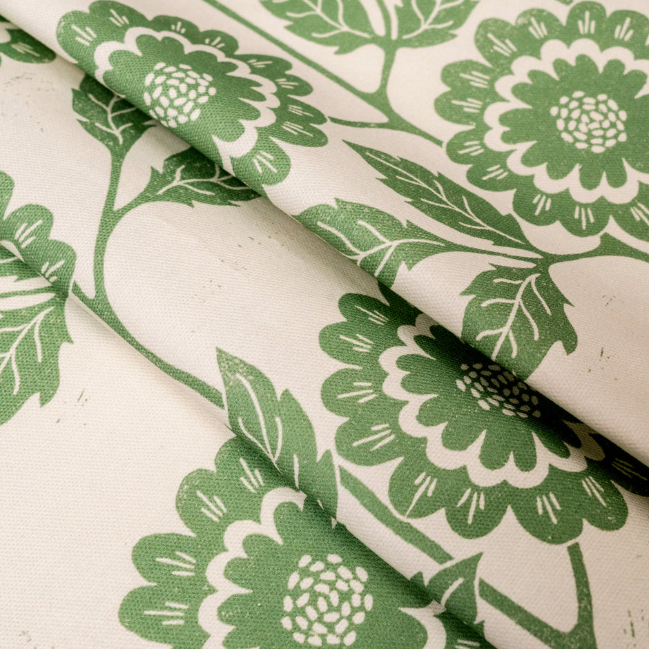 Green Positive Cecilia lino block printed fabric designed by Lizzie Mabley