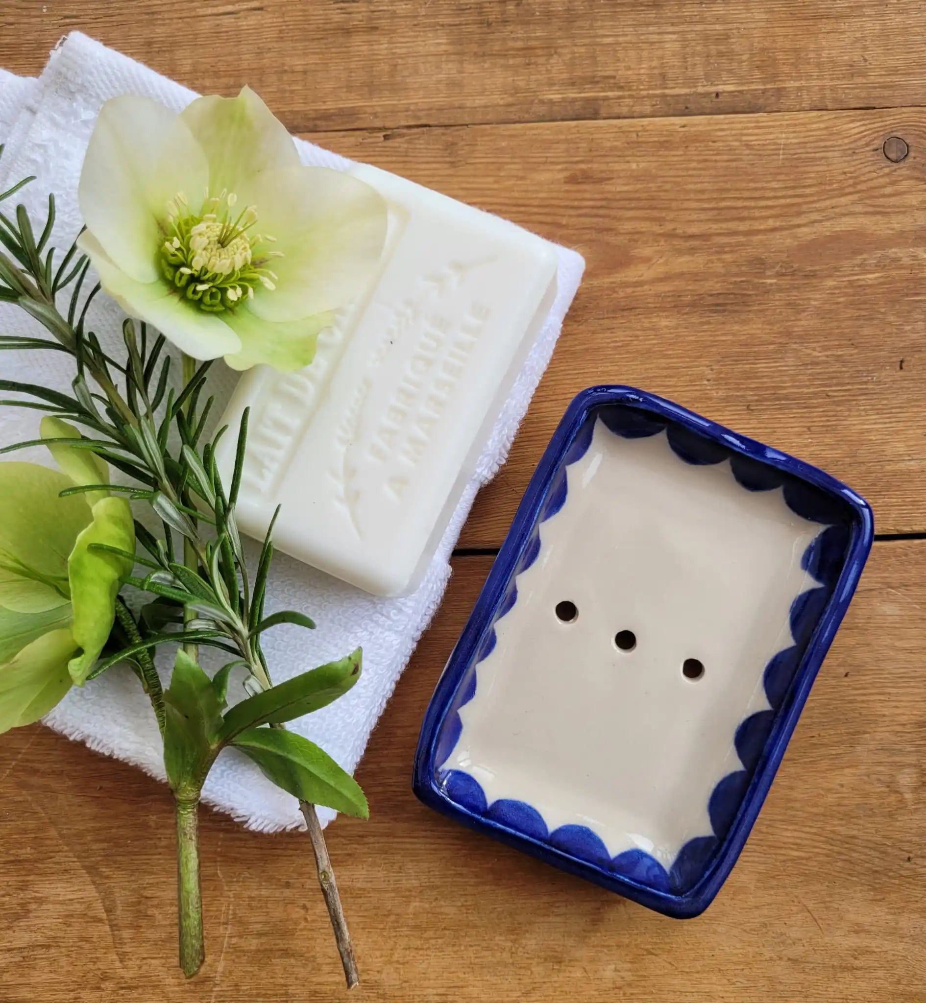 Handmade Ceramic Soap Dish Blue Scalloped designed by lizzie mabley