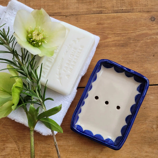 Handmade Ceramic Soap Dish Blue Scalloped designed by lizzie mabley