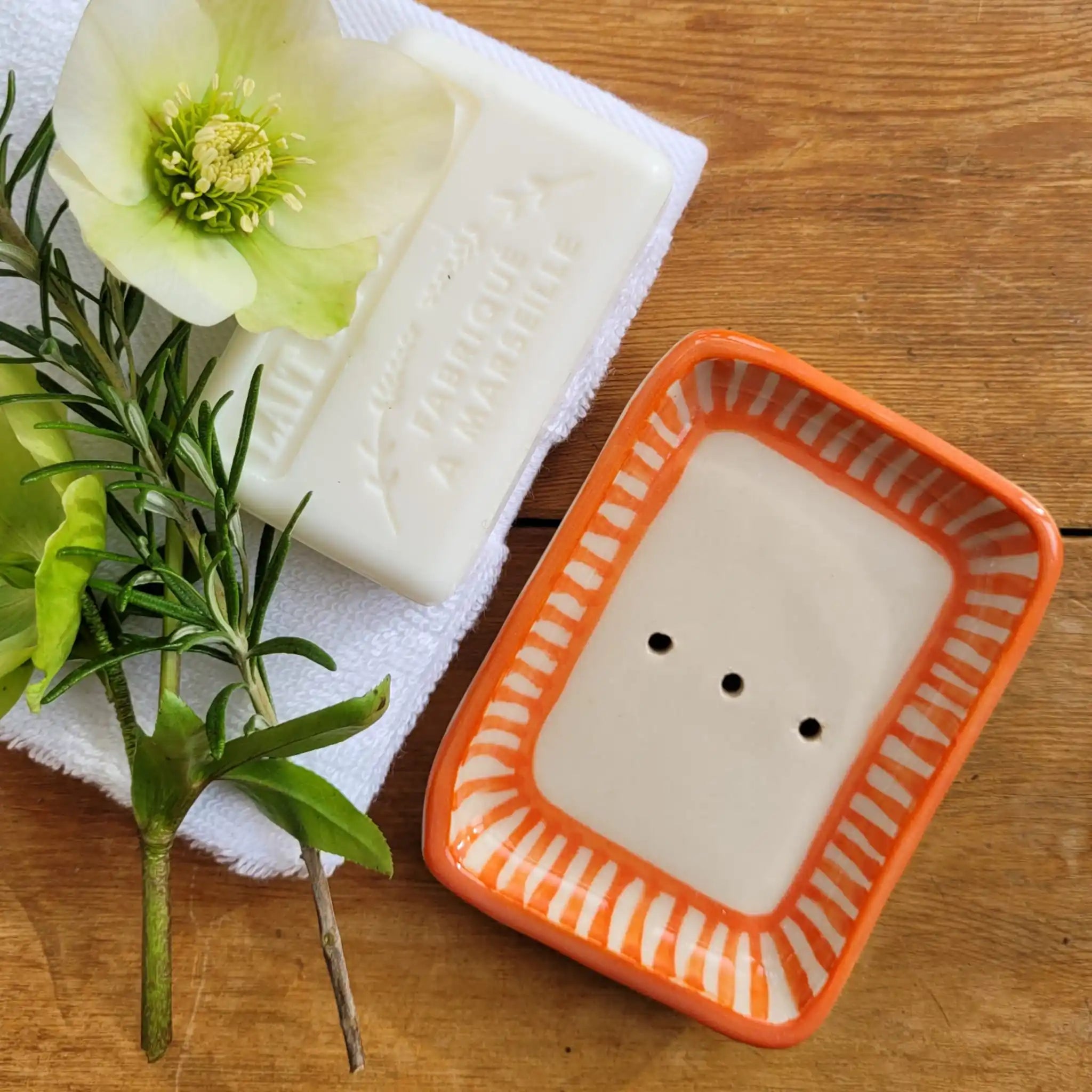 Handmade Ceramic Soap Dish Orange Striped designed by lizzie mabley