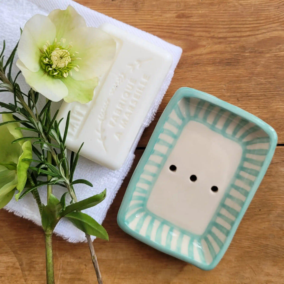 Handmade Ceramic Soap Dish Turquoise Striped designed by lizzie mabley