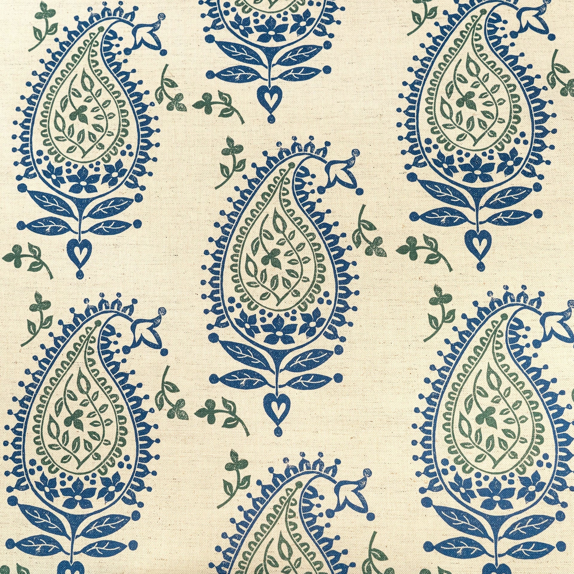 Blue and Green Josephine lino block printed fabric designed by Lizzie Mabley