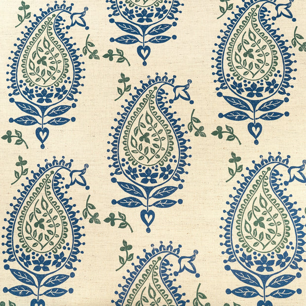 Blue and Green Josephine lino block printed fabric designed by Lizzie Mabley
