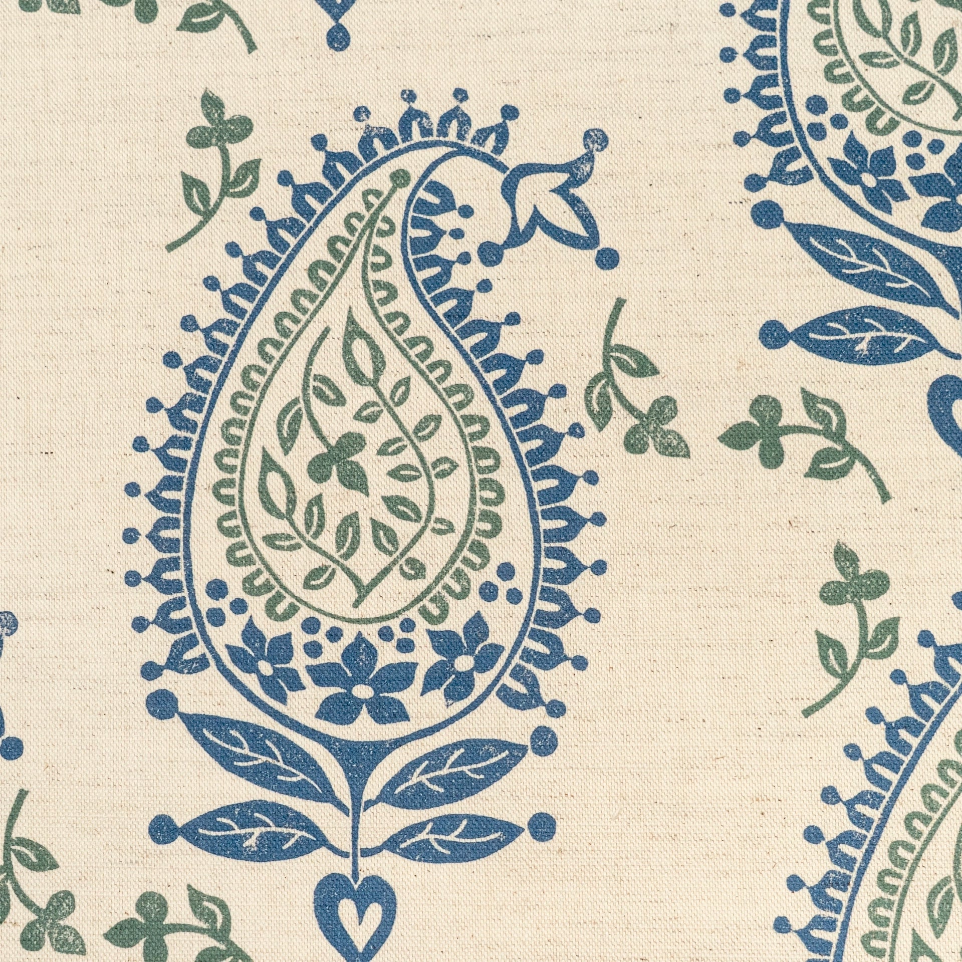 Blue and Green Josephine lino block printed fabric designed by Lizzie Mabley