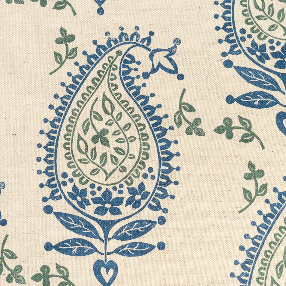 Blue and Green Josephine lino block printed fabric designed by Lizzie Mabley
