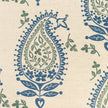 Blue and Green Josephine lino block printed fabric designed by Lizzie Mabley