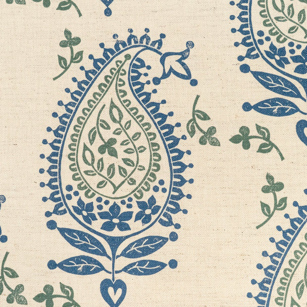 Blue and Green Josephine lino block printed fabric designed by Lizzie Mabley