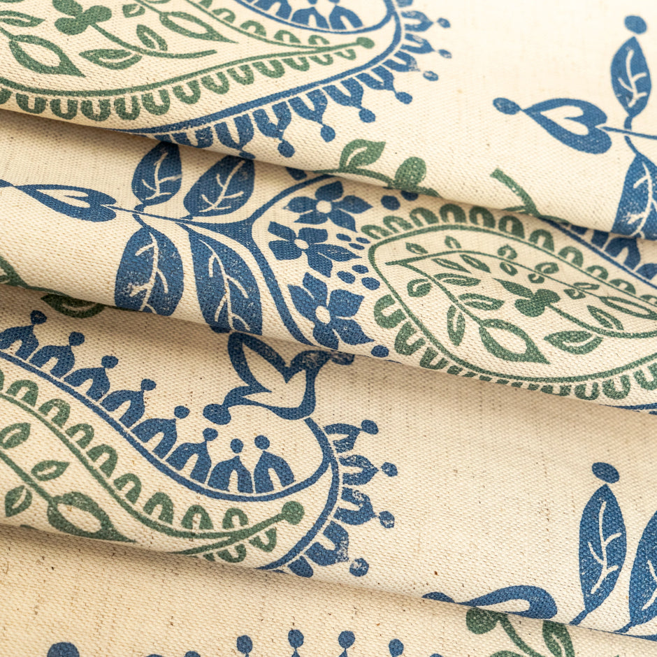 Blue and Green Josephine lino block printed fabric designed by Lizzie Mabley