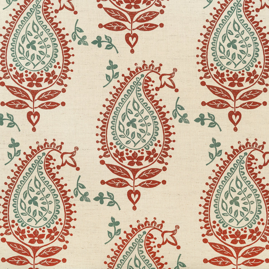 Red and Green Josephine lino block printed fabric designed by Lizzie Mabley