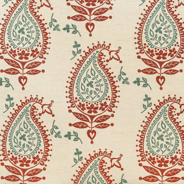 Red and Green Josephine lino block printed fabric designed by Lizzie Mabley