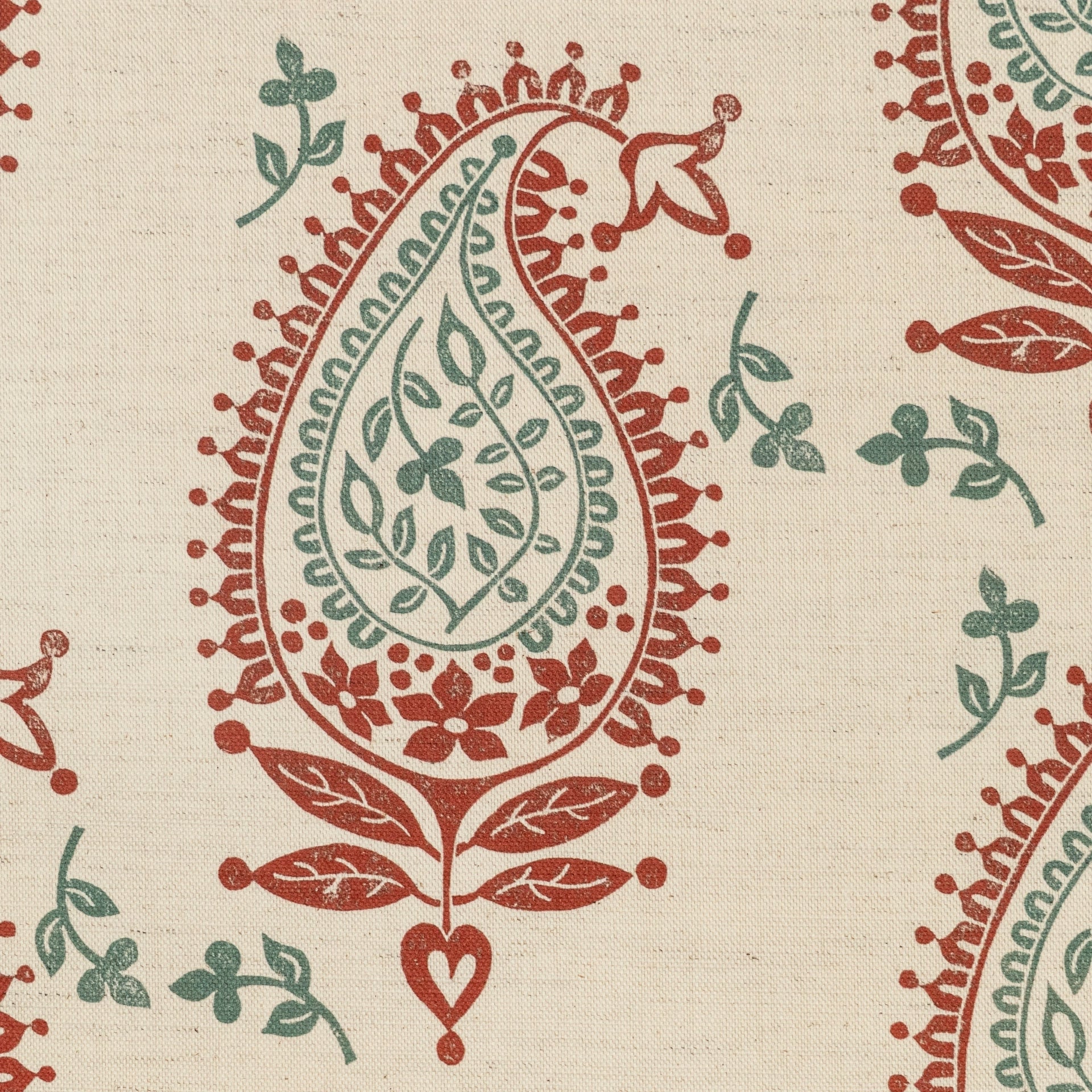 Red and Green Josephine lino block printed fabric designed by Lizzie Mabley