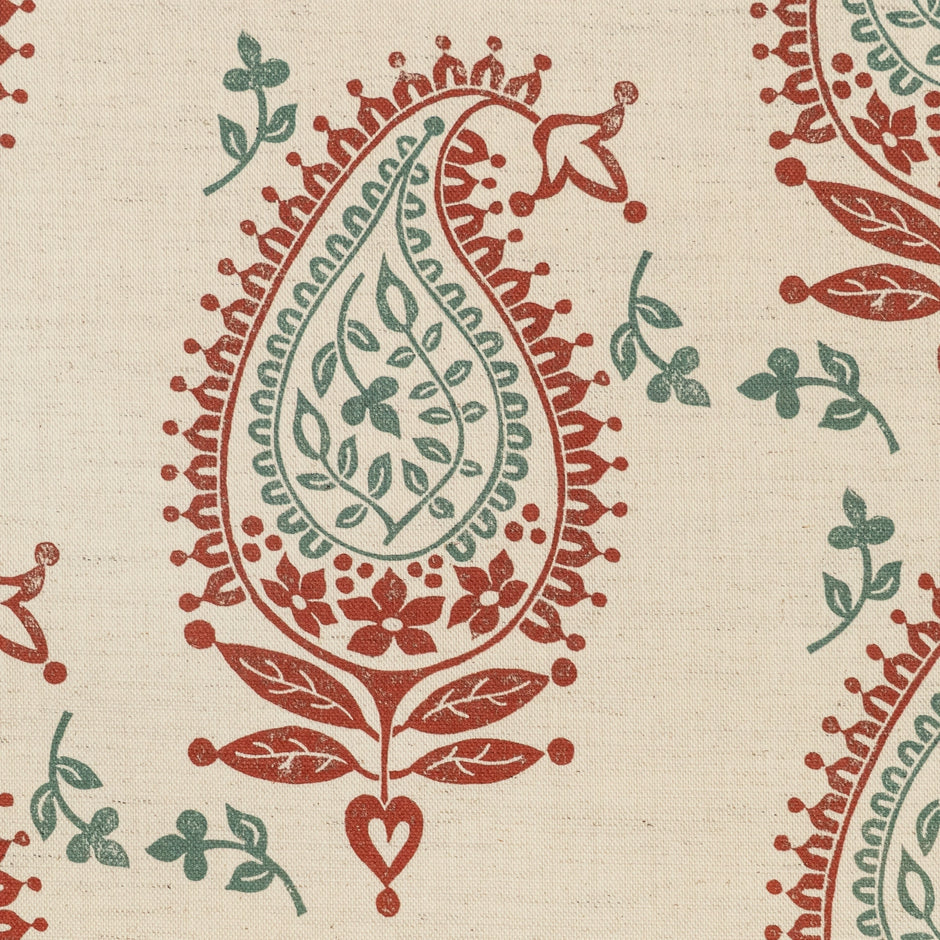 Red and Green Josephine lino block printed fabric designed by Lizzie Mabley