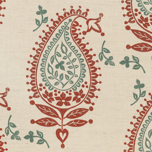 Red and Green Josephine lino block printed fabric designed by Lizzie Mabley