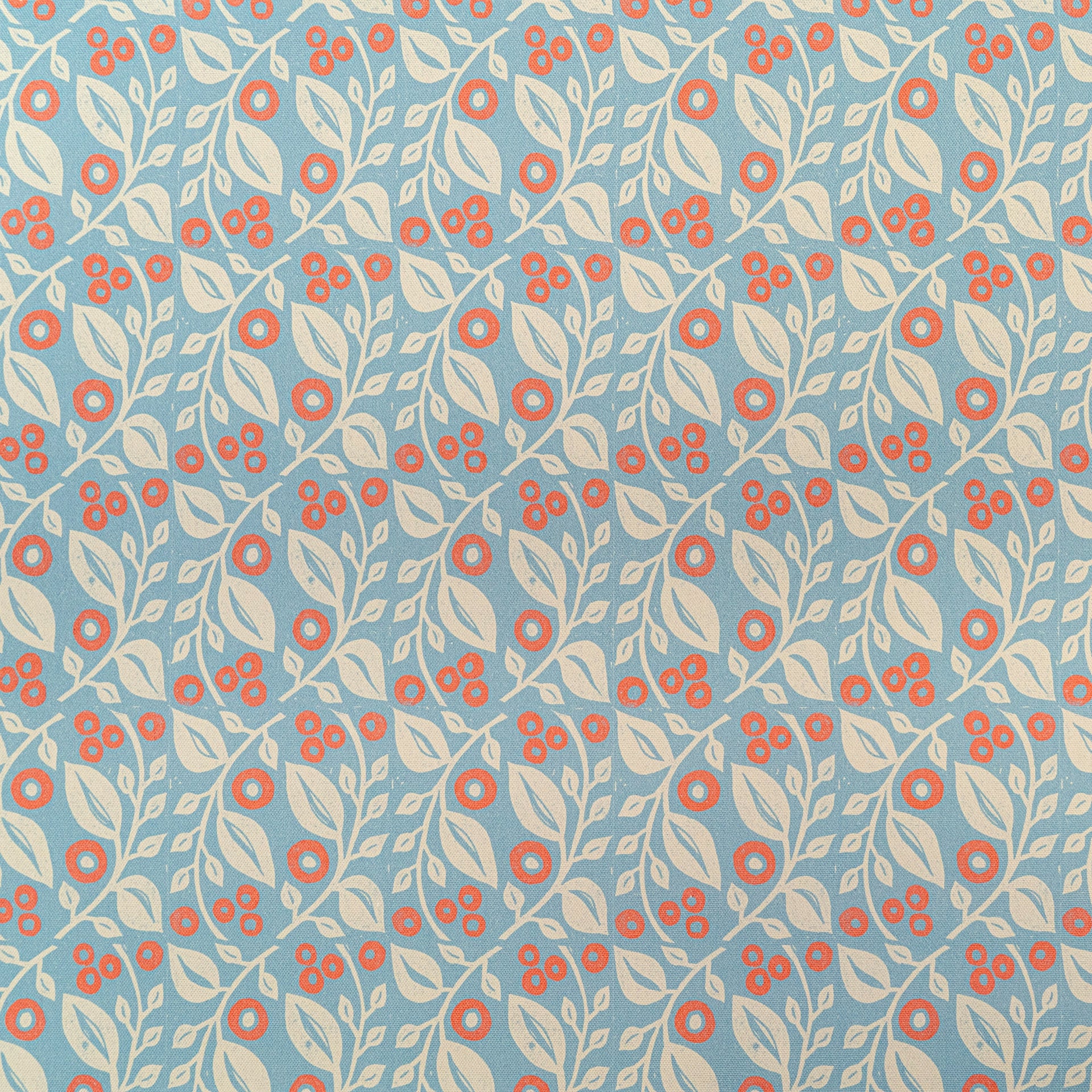 Blue and Coral Lucy lino block printed fabric designed by Lizzie Mabley