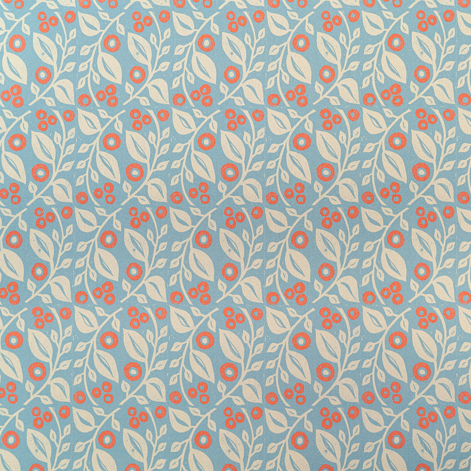 Blue and Coral Lucy lino block printed fabric designed by Lizzie Mabley