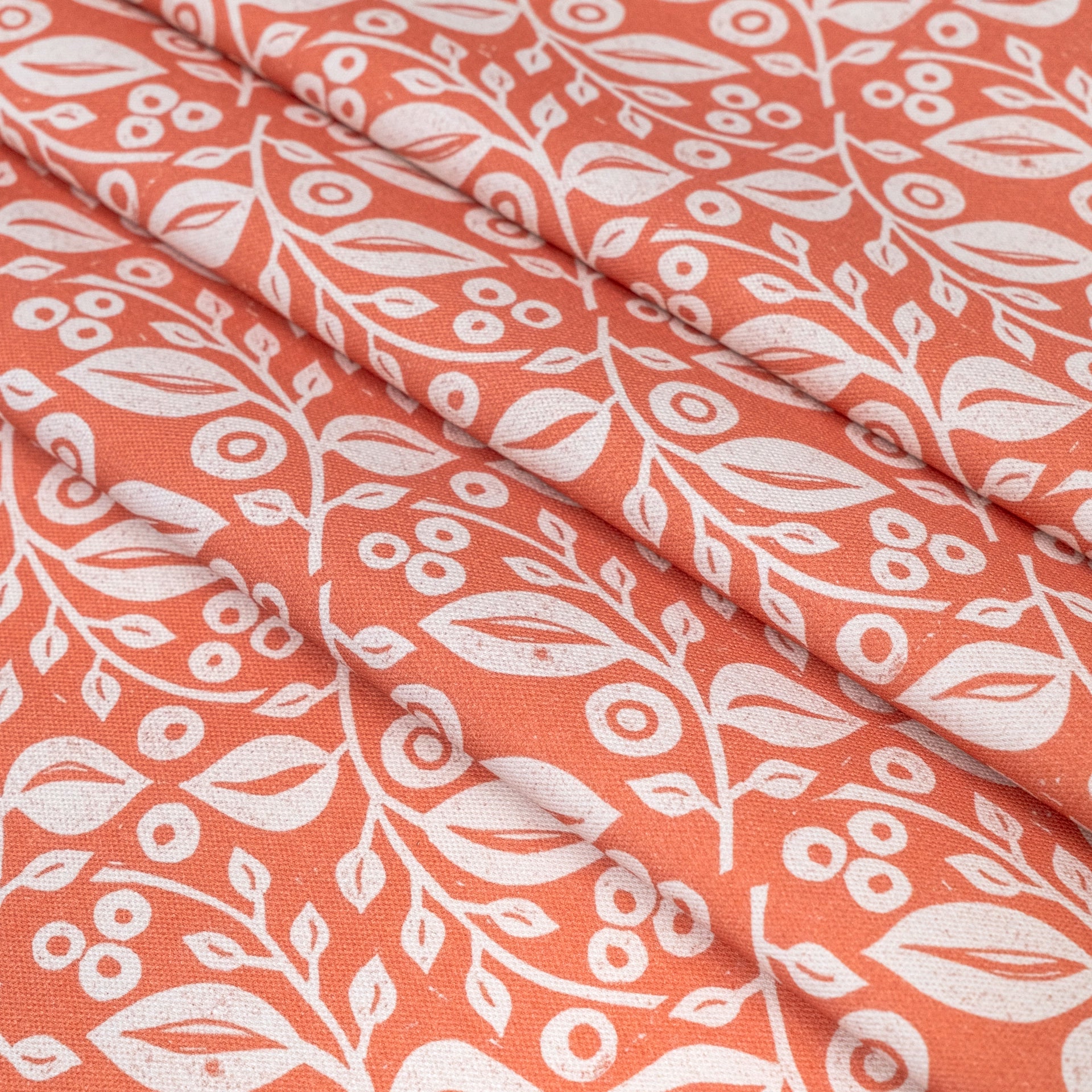 Coral Lucy lino block printed fabric designed by Lizzie Mabley