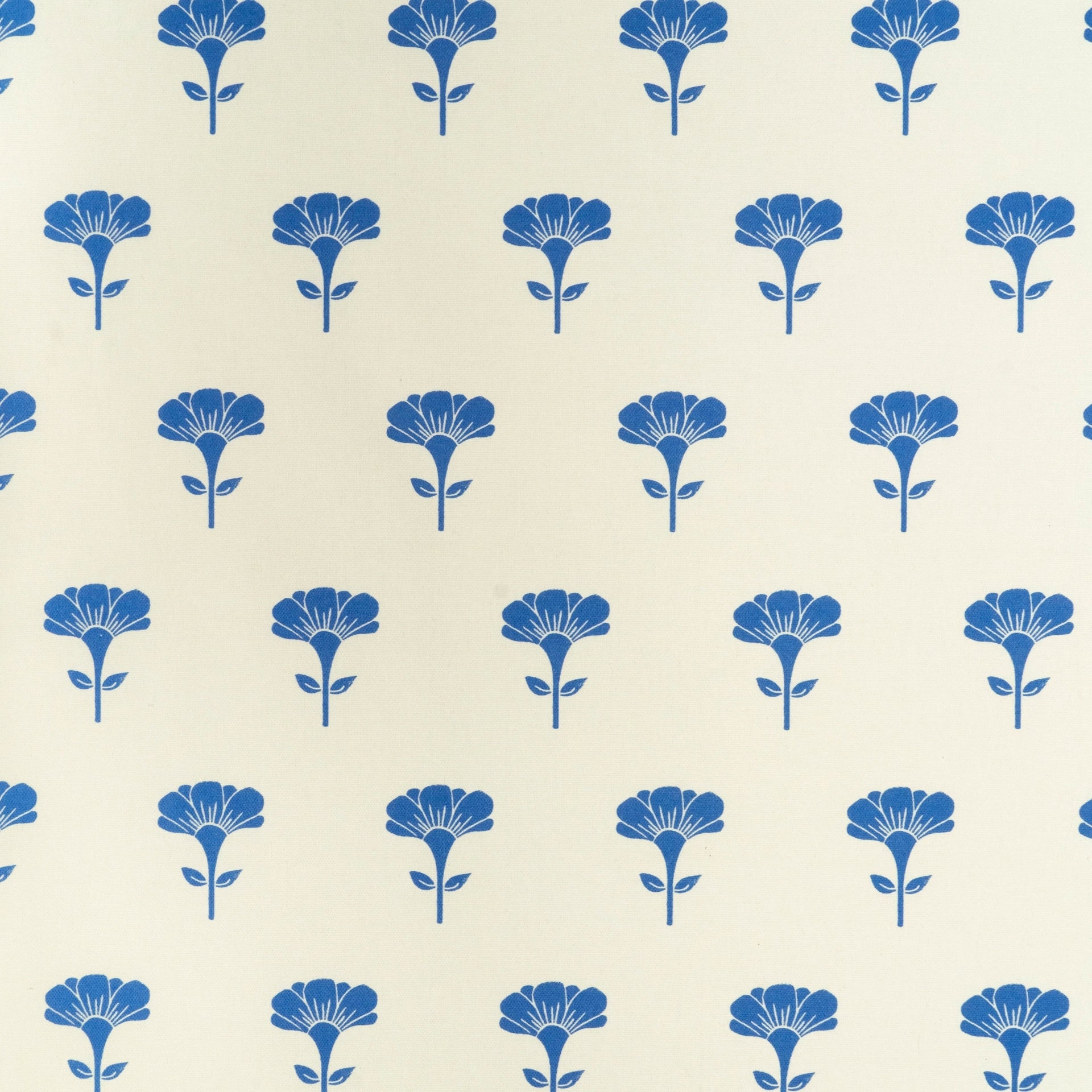 Blue Marigold lino block printed fabric designed by Lizzie Mabley
