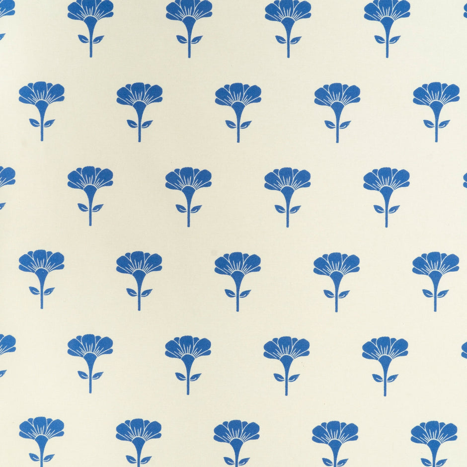 Blue Marigold lino block printed fabric designed by Lizzie Mabley