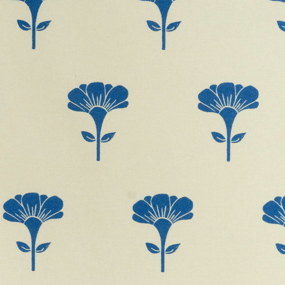Blue Marigold lino block printed fabric designed by Lizzie Mabley