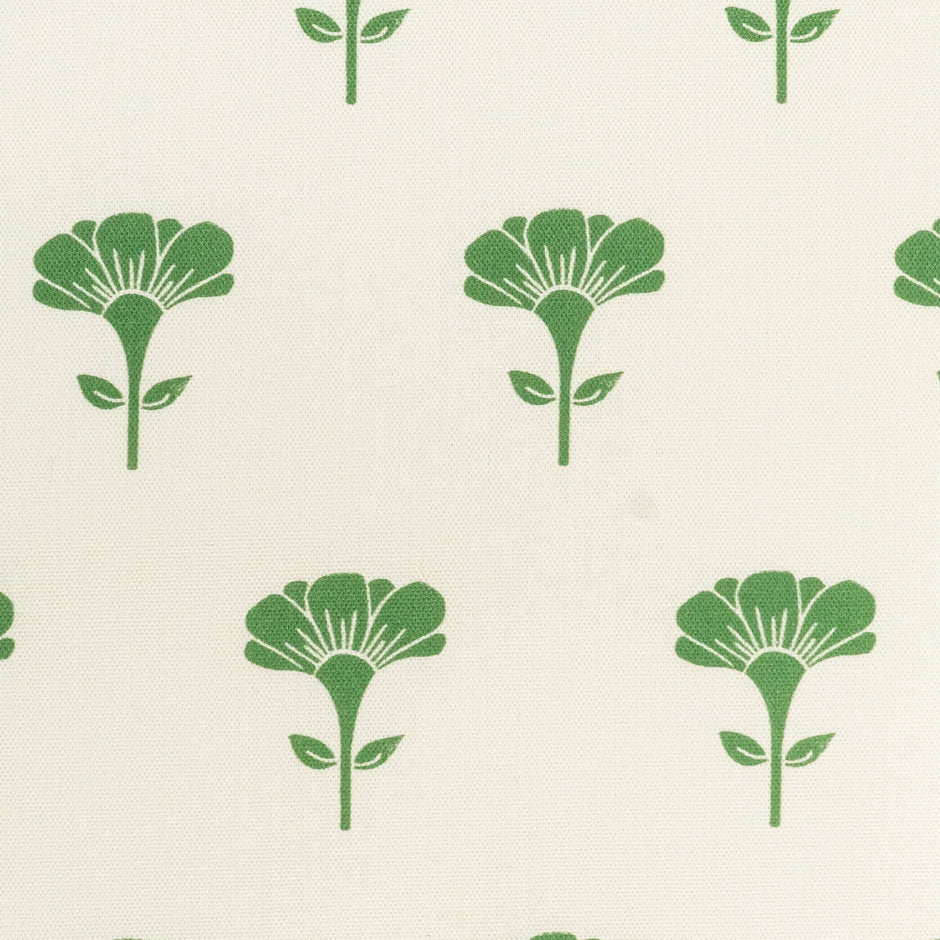 Green Marigold lino block printed fabric designed by Lizzie Mabley