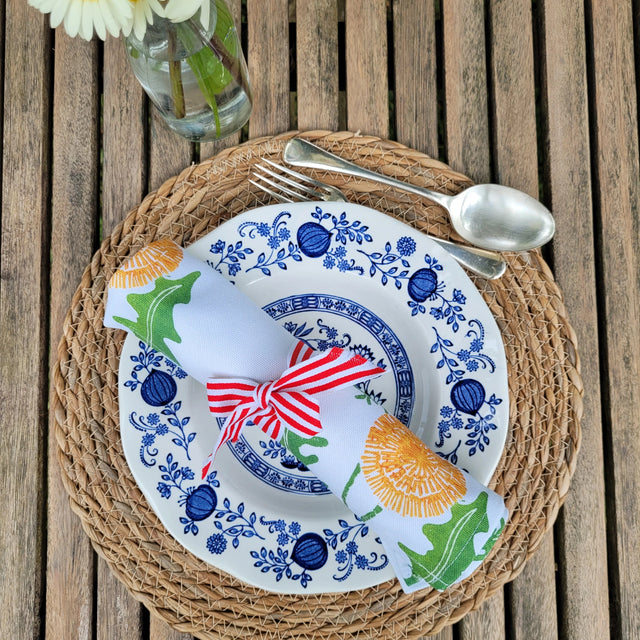 Dandelion lino block printed fabric napkin designed by Lizzie Mabley