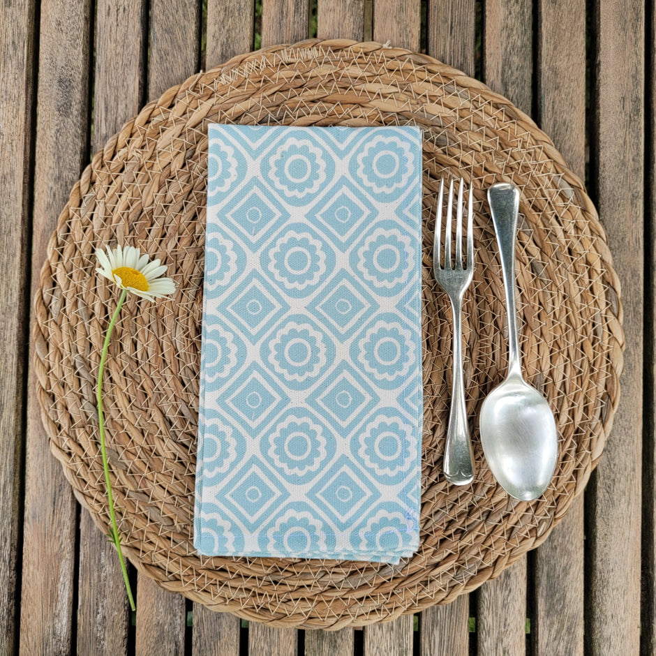 Powder Blue Rebecca lino block printed fabric napkin designed by Lizzie Mabley