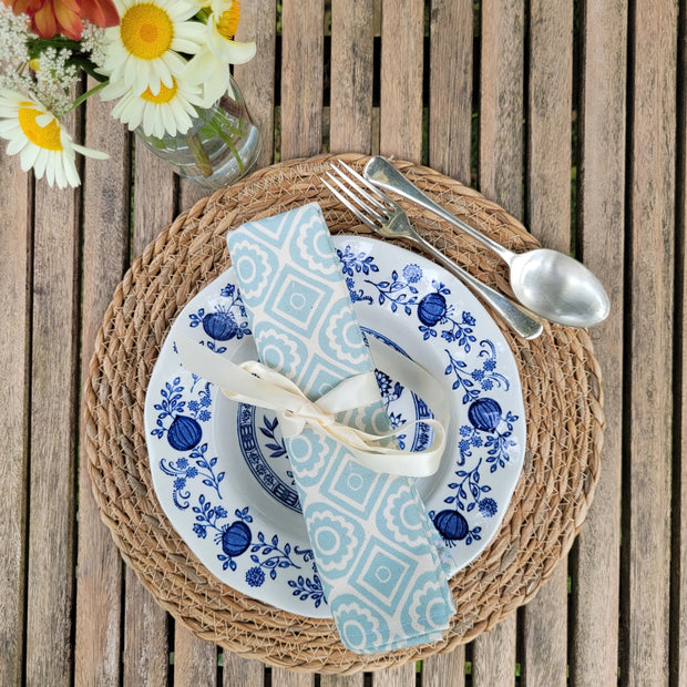 Powder Blue Rebecca lino block printed fabric napkin designed by Lizzie Mabley