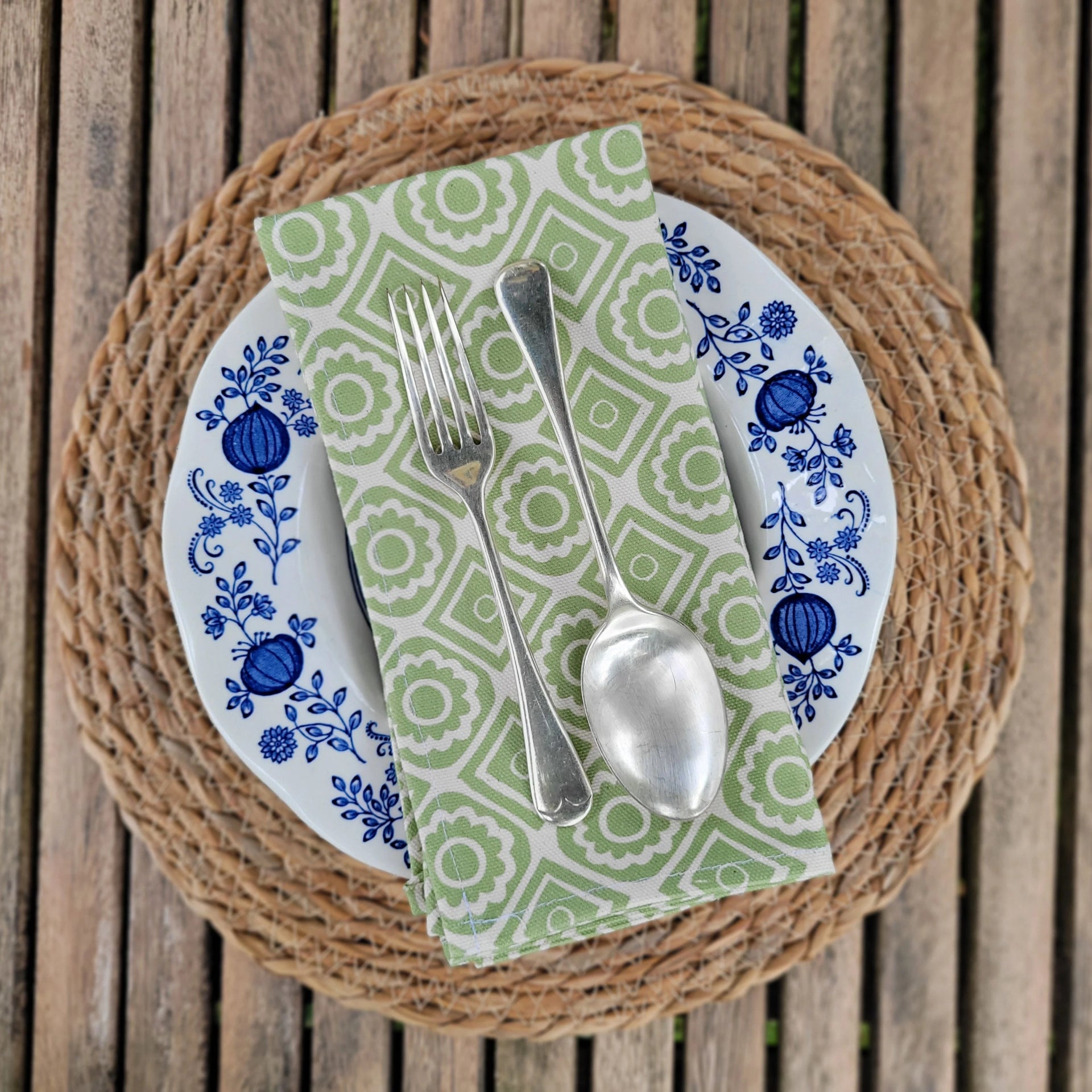 Pea Green Rebecca lino block printed fabric napkin designed by Lizzie Mabley