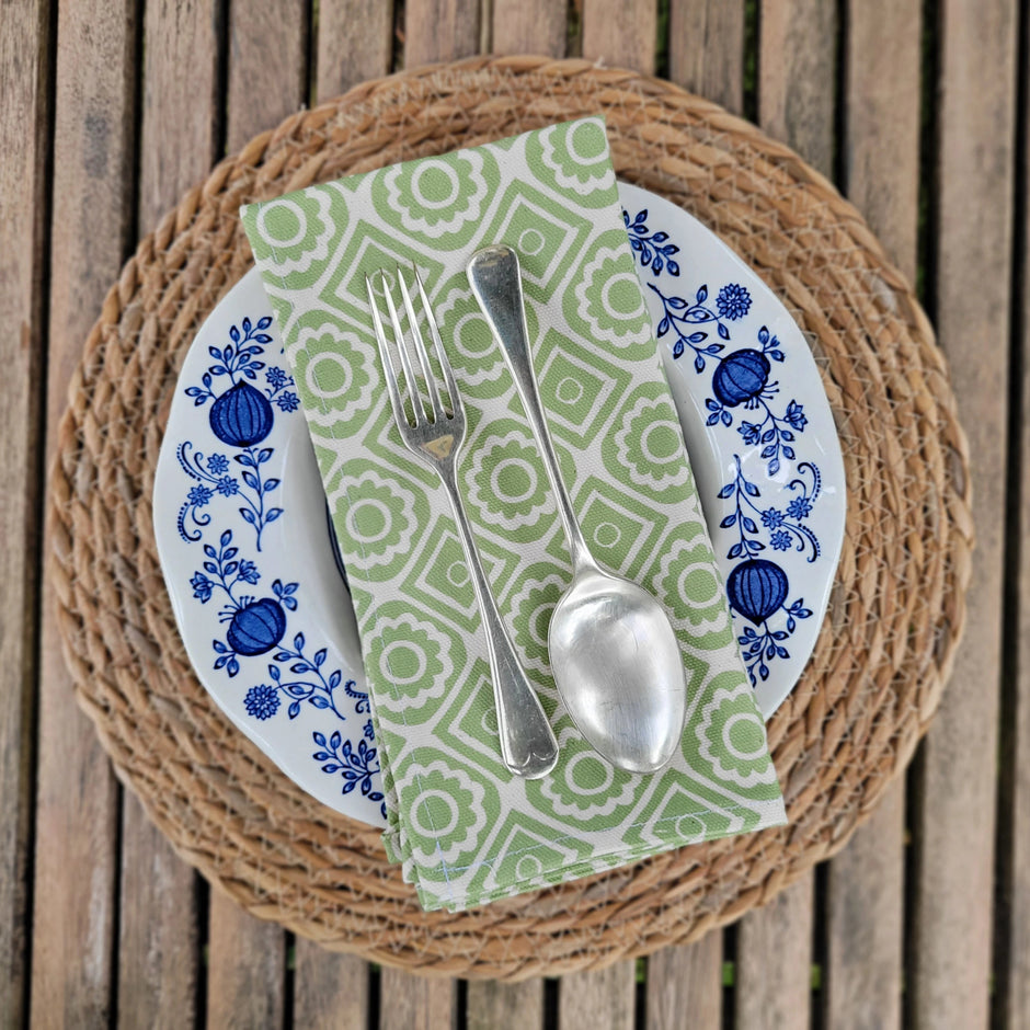 Pea Green Rebecca lino block printed fabric napkin designed by Lizzie Mabley
