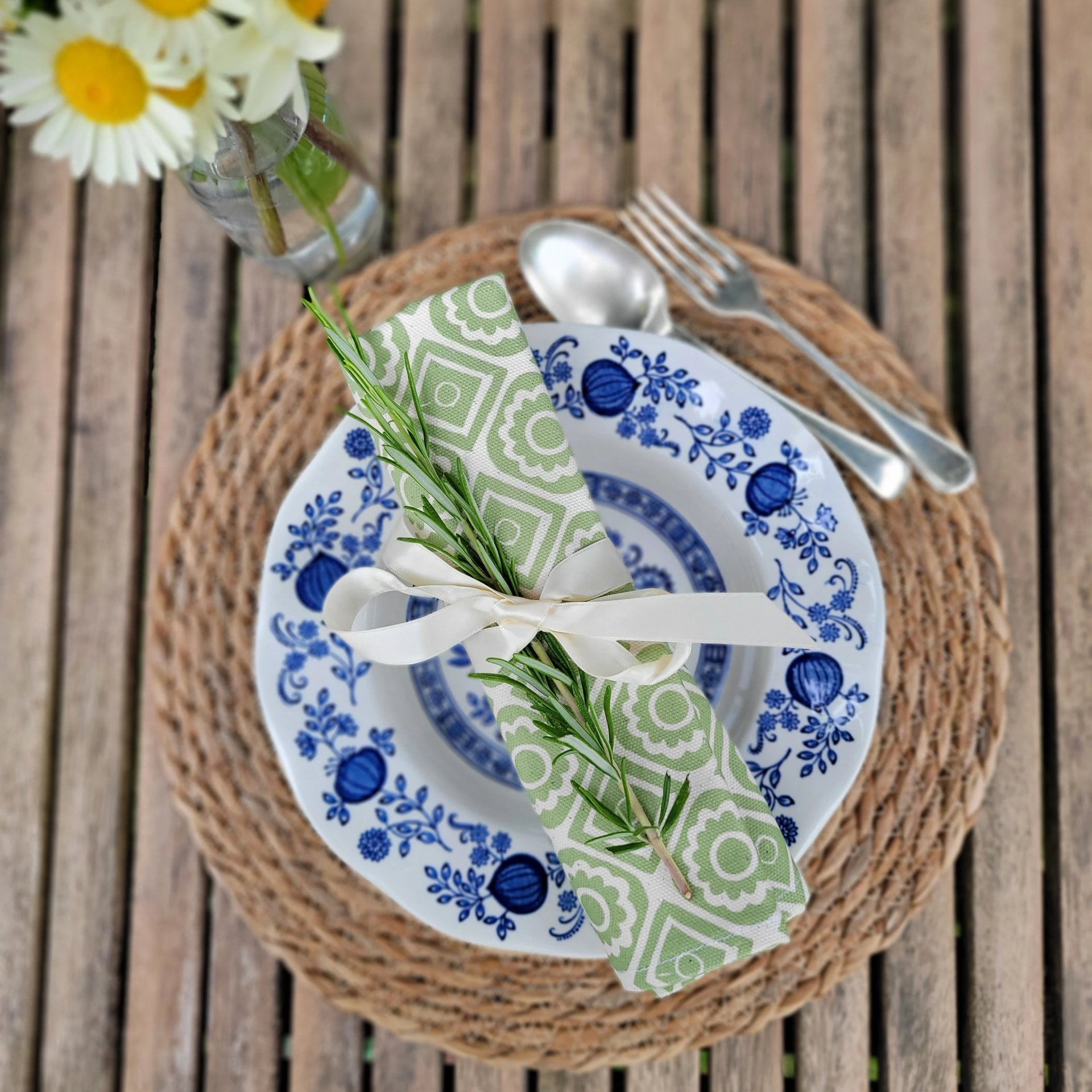 Pea Green Rebecca lino block printed fabric napkin designed by Lizzie Mabley