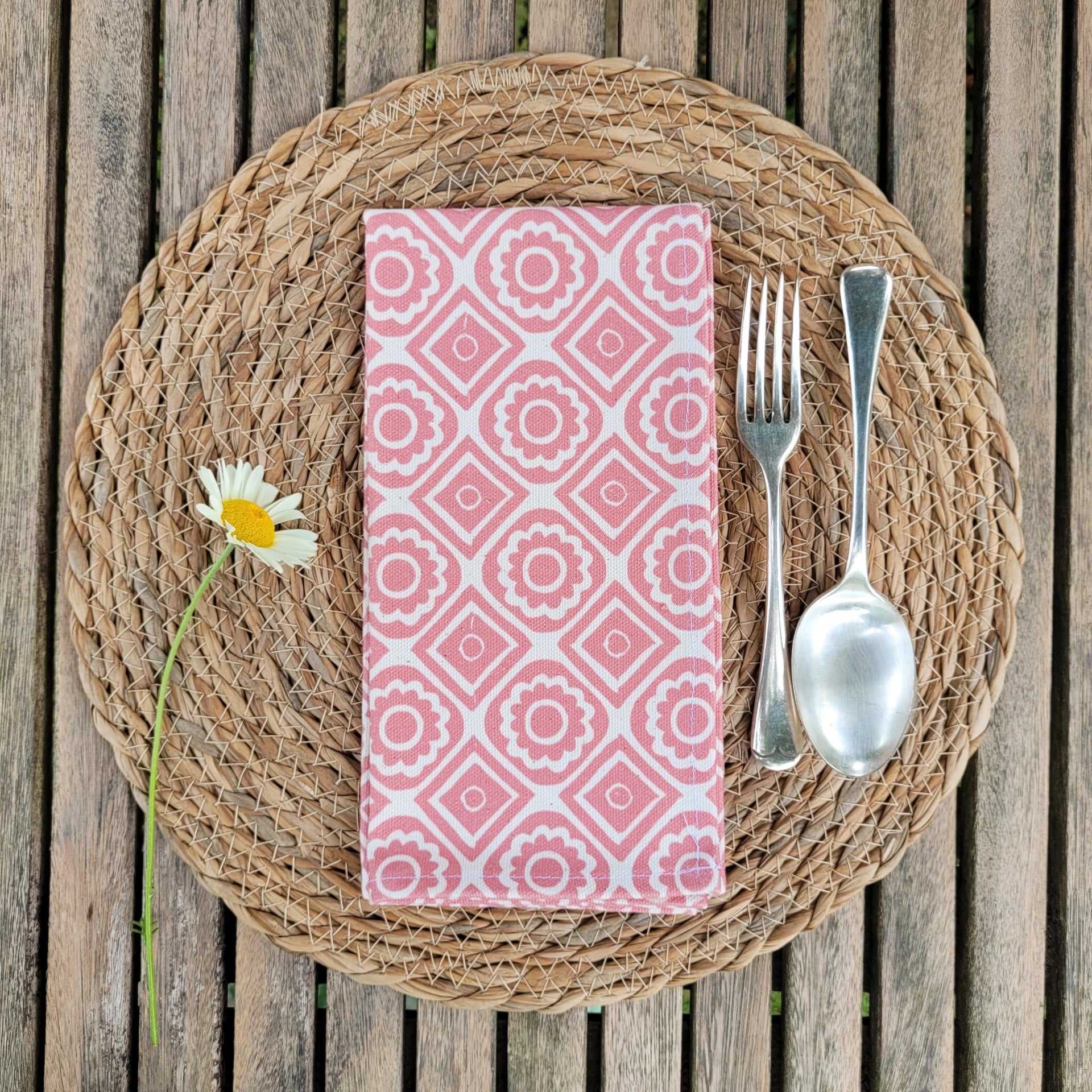 Candy Pink Rebecca lino block printed fabric napkin designed by Lizzie Mabley
