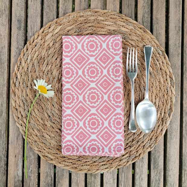 Candy Pink Rebecca lino block printed fabric napkin designed by Lizzie Mabley