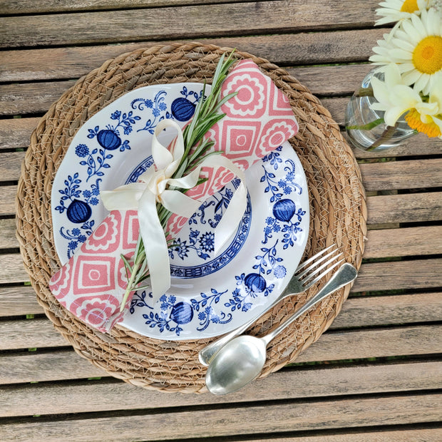 Candy Pink Rebecca lino block printed fabric napkin designed by Lizzie Mabley
