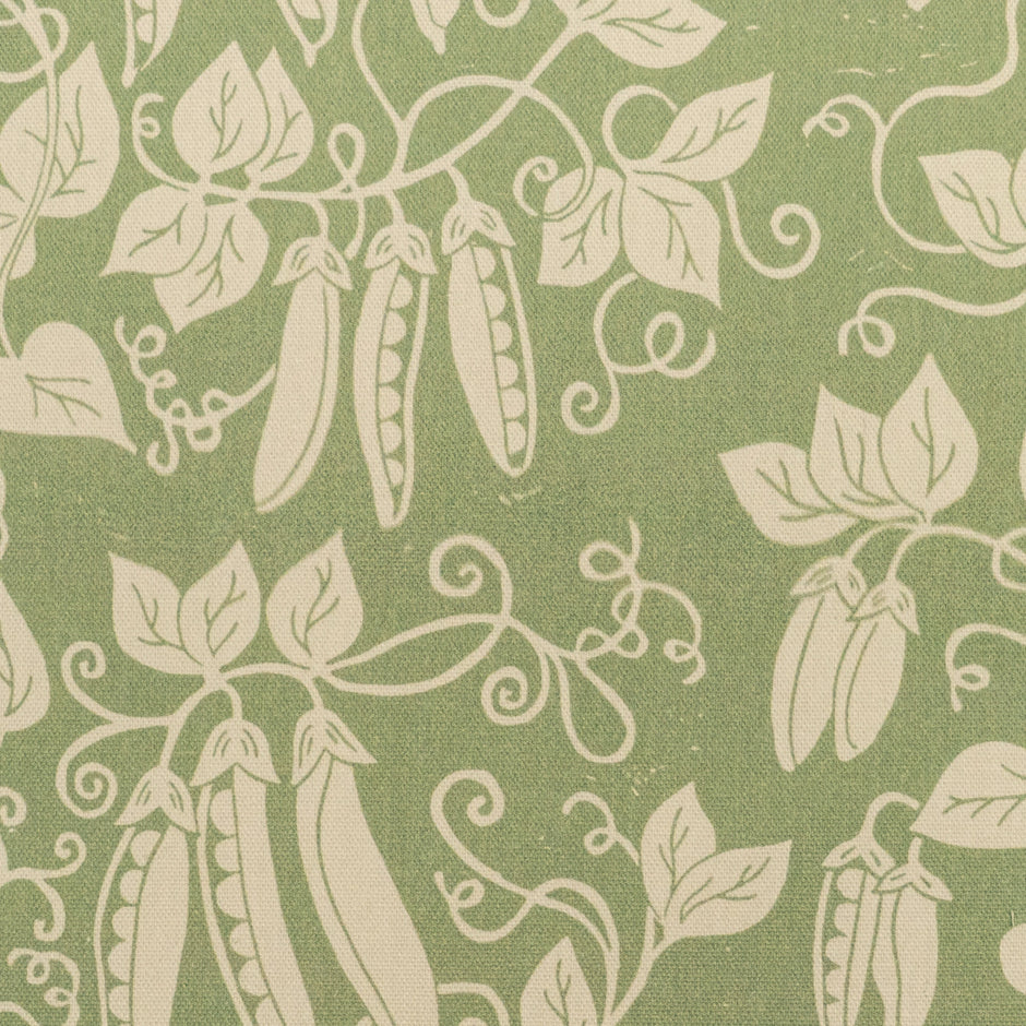 Green Peas lino block printed fabric designed by Lizzie Mabley