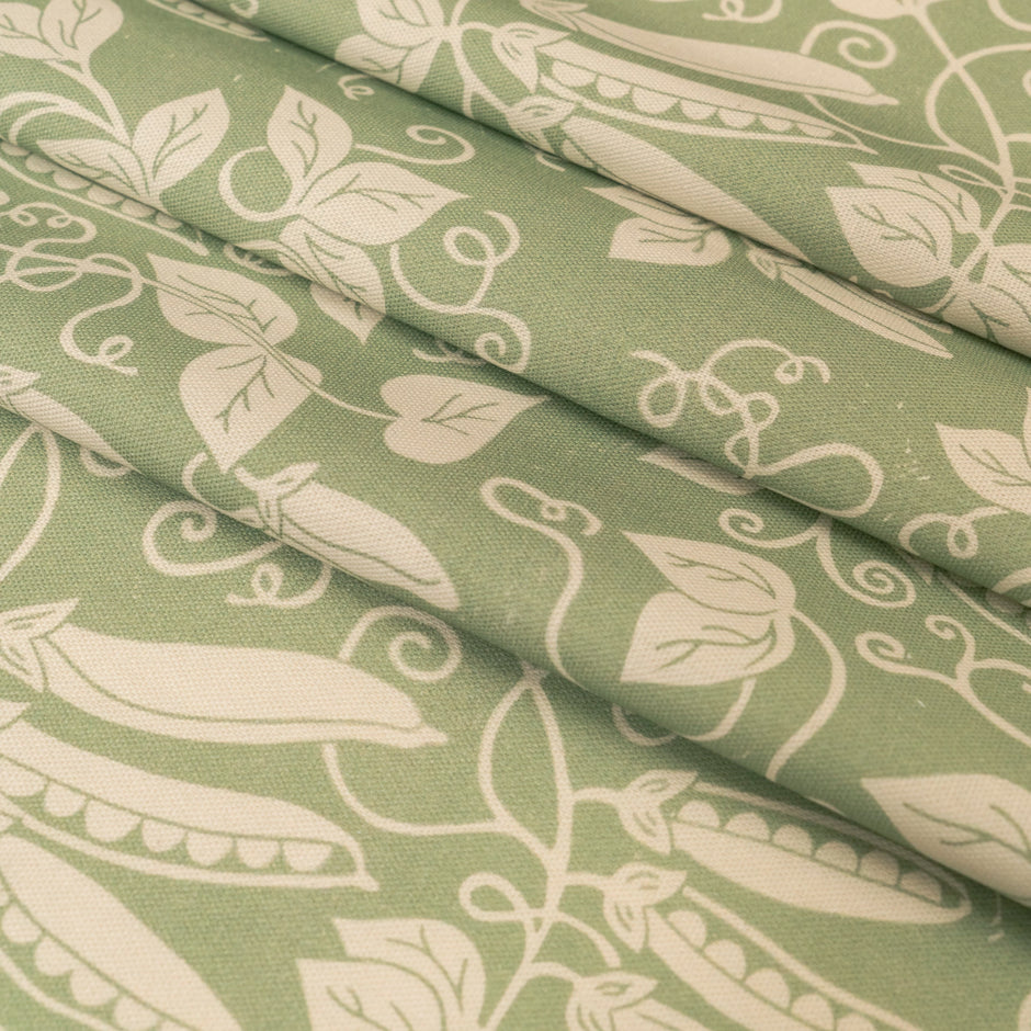 Green Peas lino block printed fabric designed by Lizzie Mabley